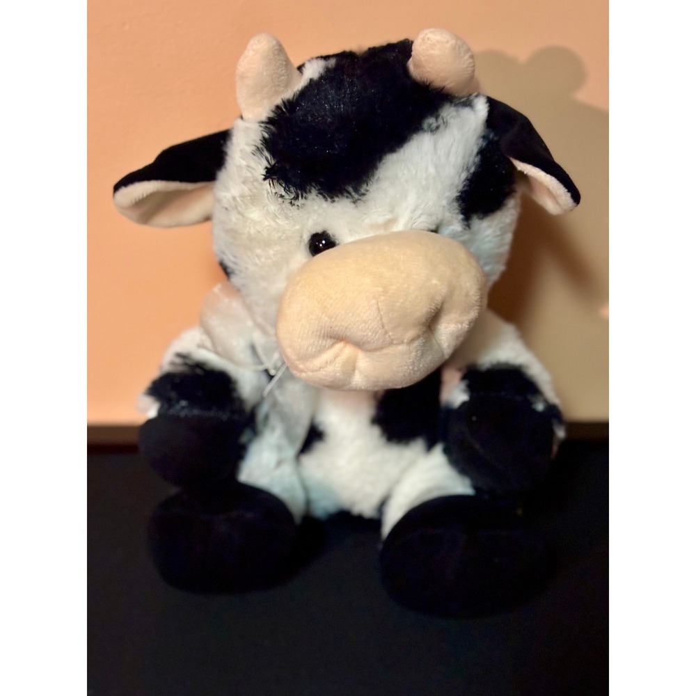Megatoys Black White Spotted Cow Plush Stuffed Animal with Ribbon 10 Inch